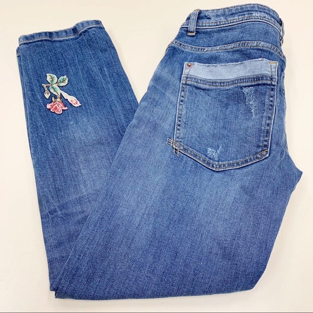 Zara Basic Denim Women’s Embroidered Roses Straight Leg Ankle Jeans Size 00